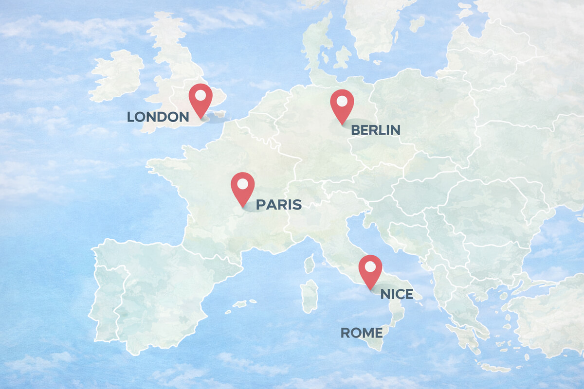 Map of Europe showing a smart open jaw itinerary
