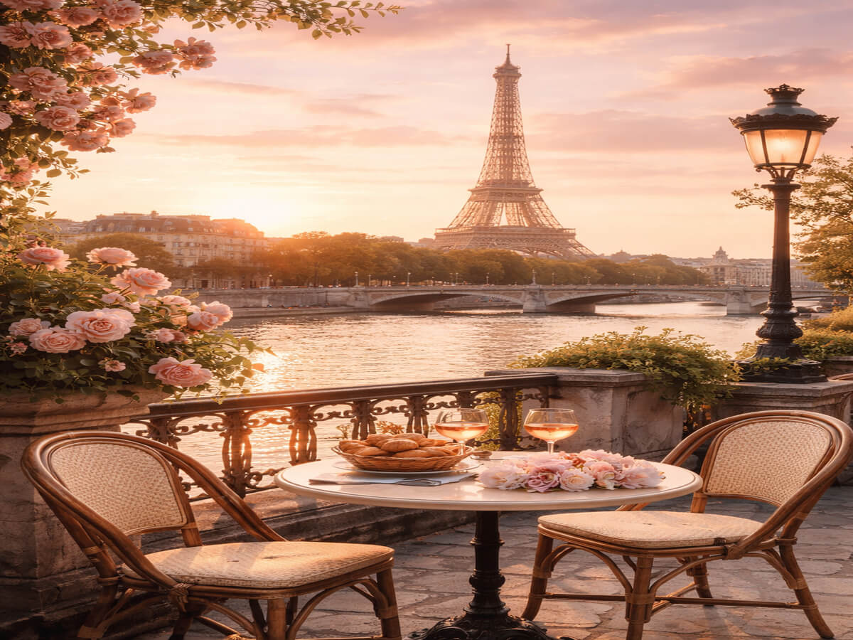 Romantic view of paris at sunset with the Eiffel tower in the distance