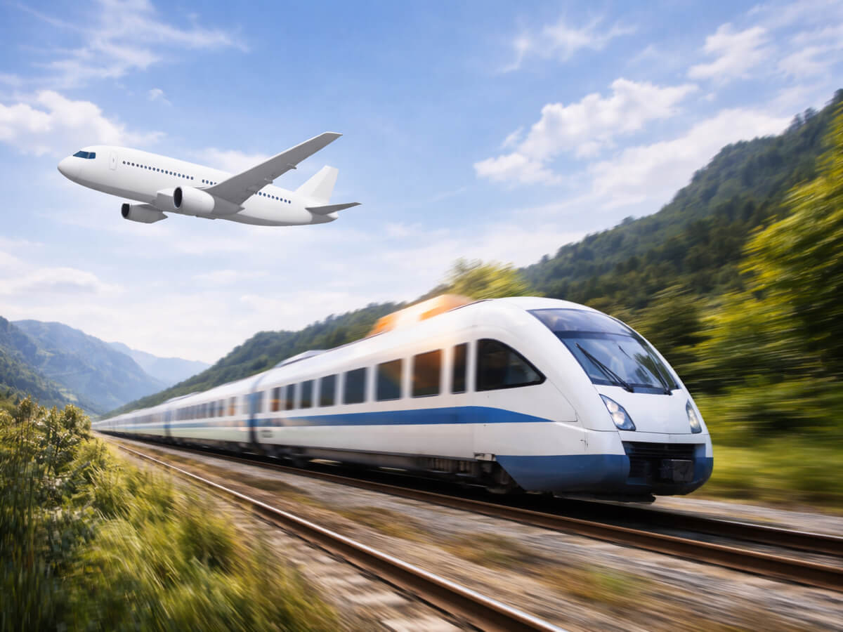 Airplance flying along side a high speed train in Europe