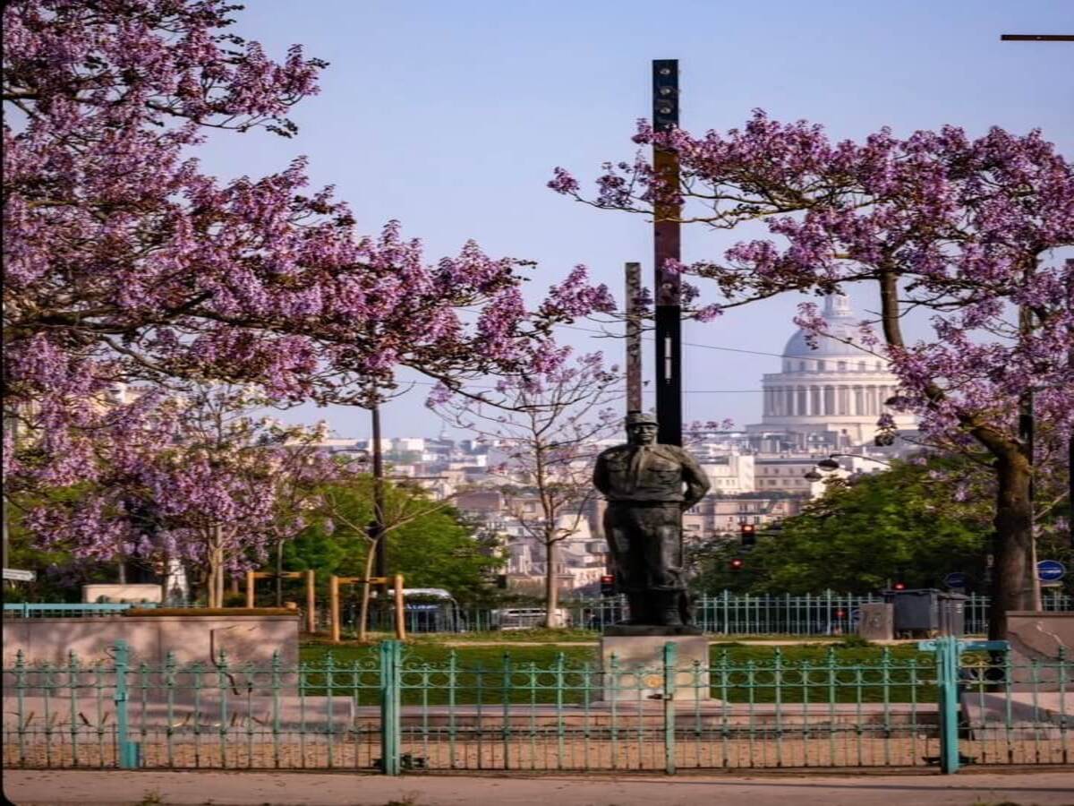 Residential street in Paris 13th arrondissement with blooming trees and view towards the Pantheon