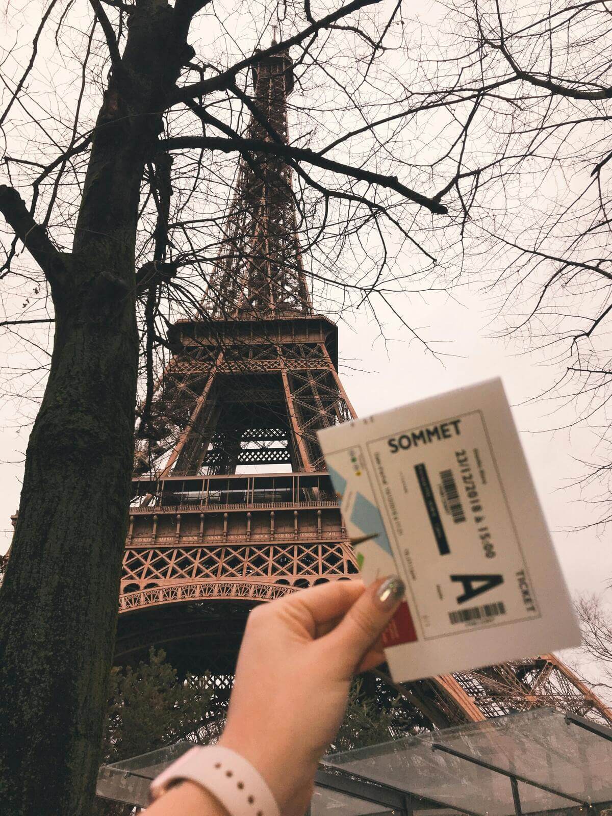 Tourist holding ticket in front of the Eiffel Tower in Paris, France