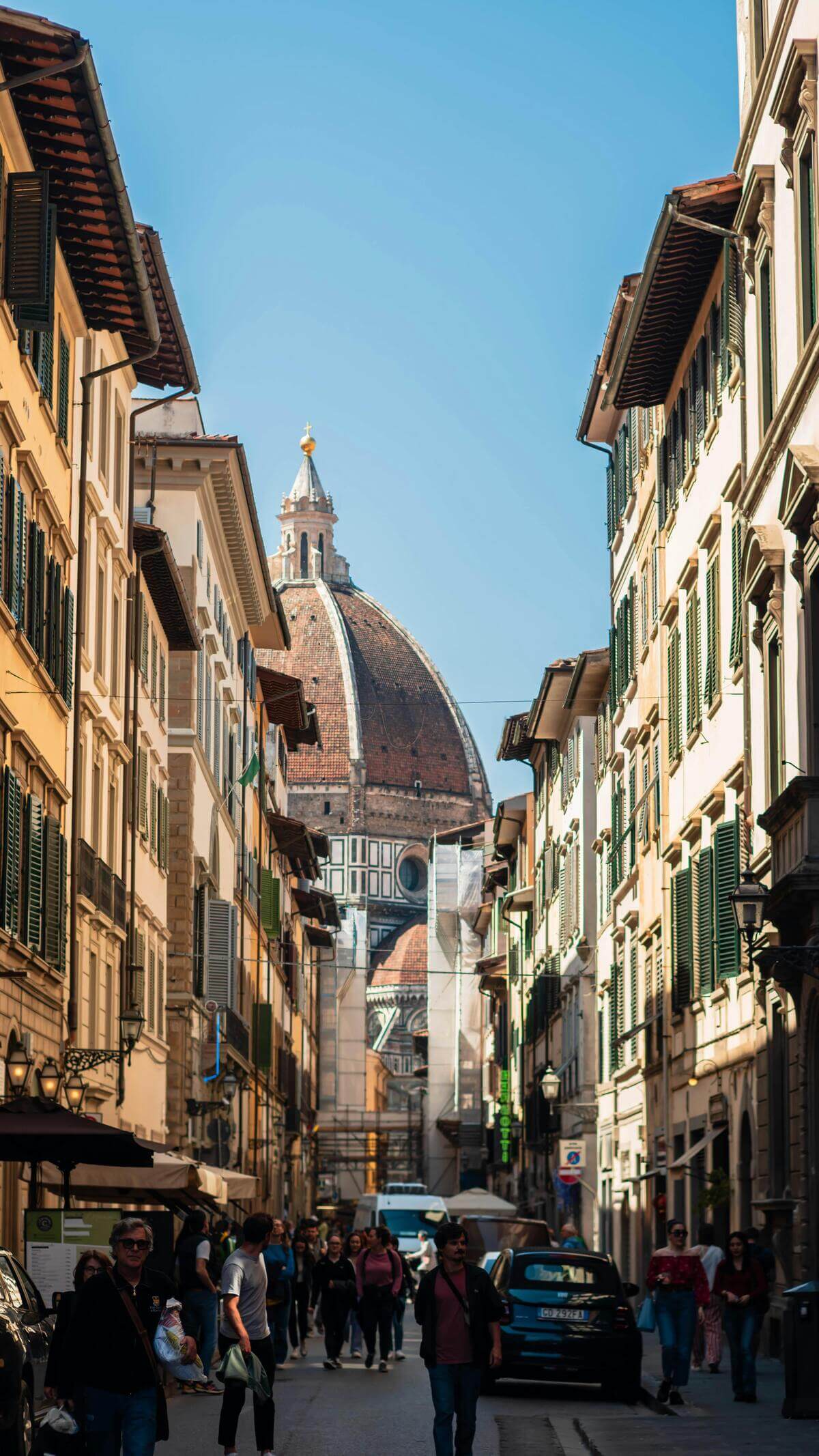 Street view leading towards Florence Cathedral in Florence, Italy.